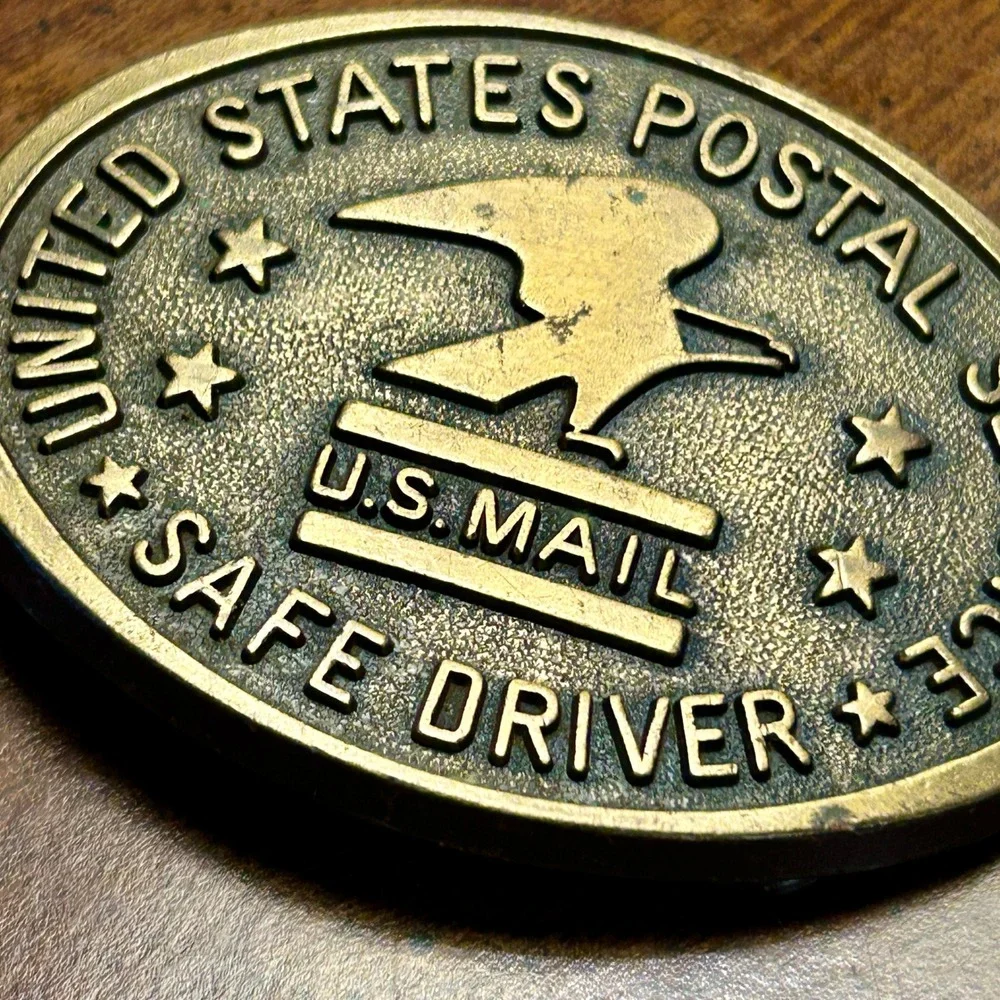 Vintage Brass USPS Belt Buckle Gold United States Postal Service Safe Driver